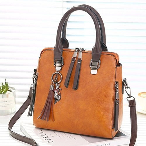 Vintage Leather Tassel Crossbody Tote