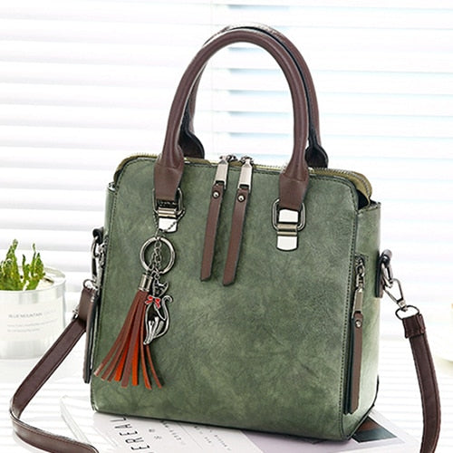 Vintage Leather Tassel Crossbody Tote