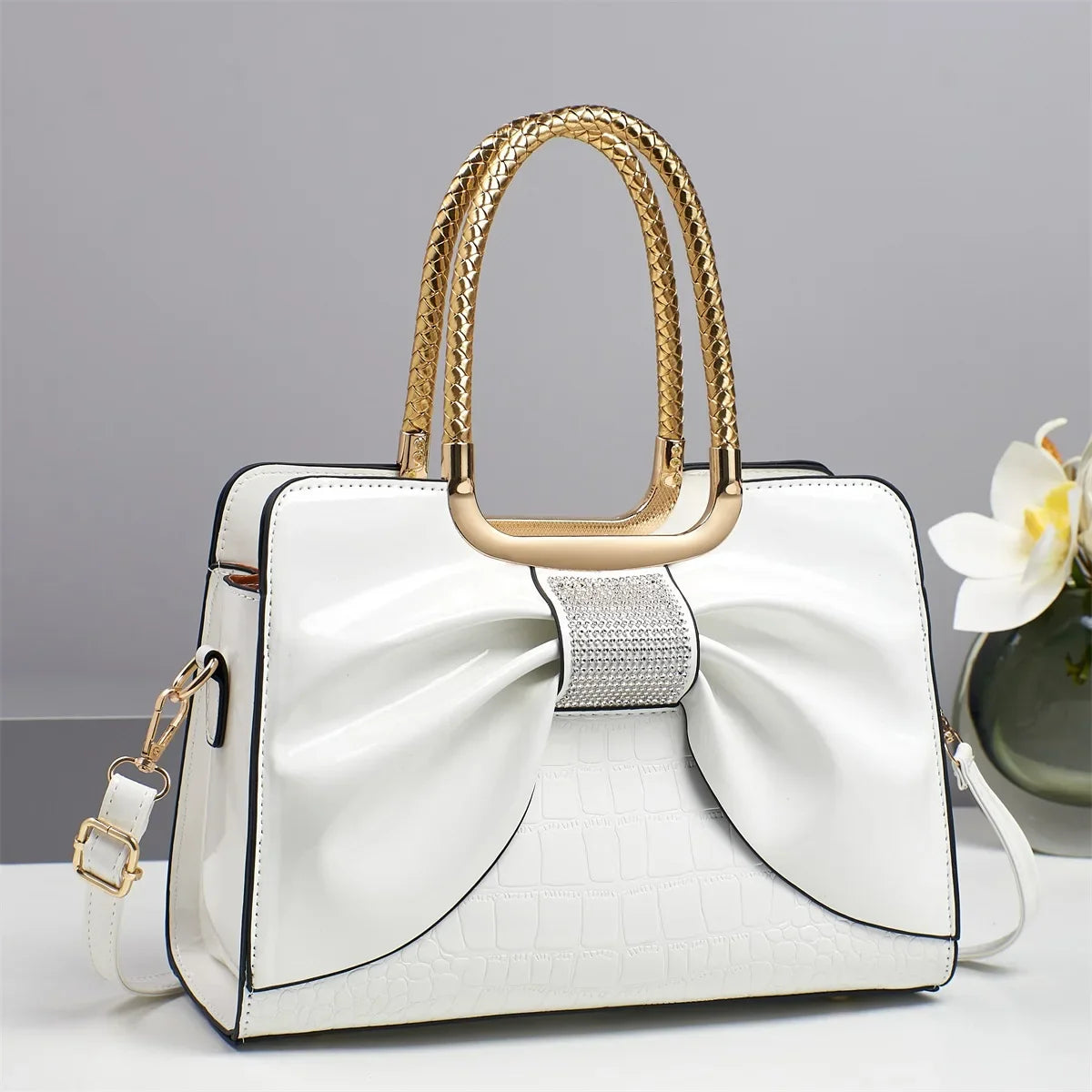 Glossy Leather Diamond Bow Tote
