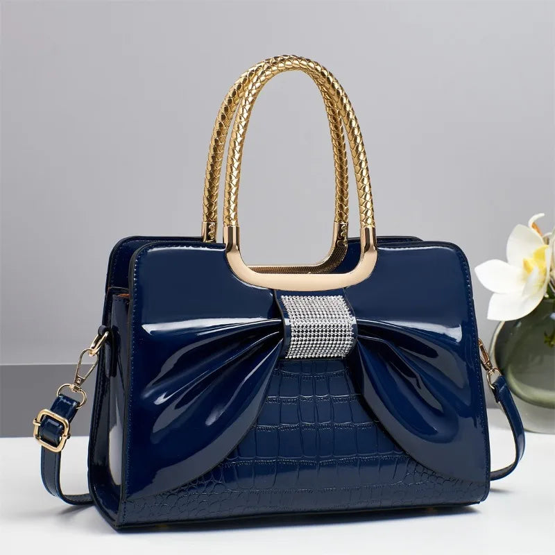 Glossy Leather Diamond Bow Tote