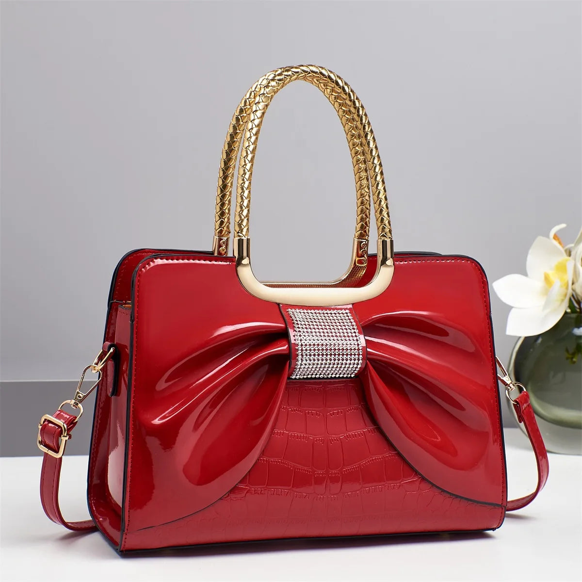 Glossy Leather Diamond Bow Tote