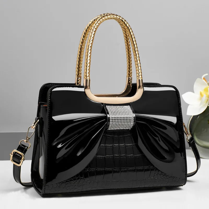Glossy Leather Diamond Bow Tote