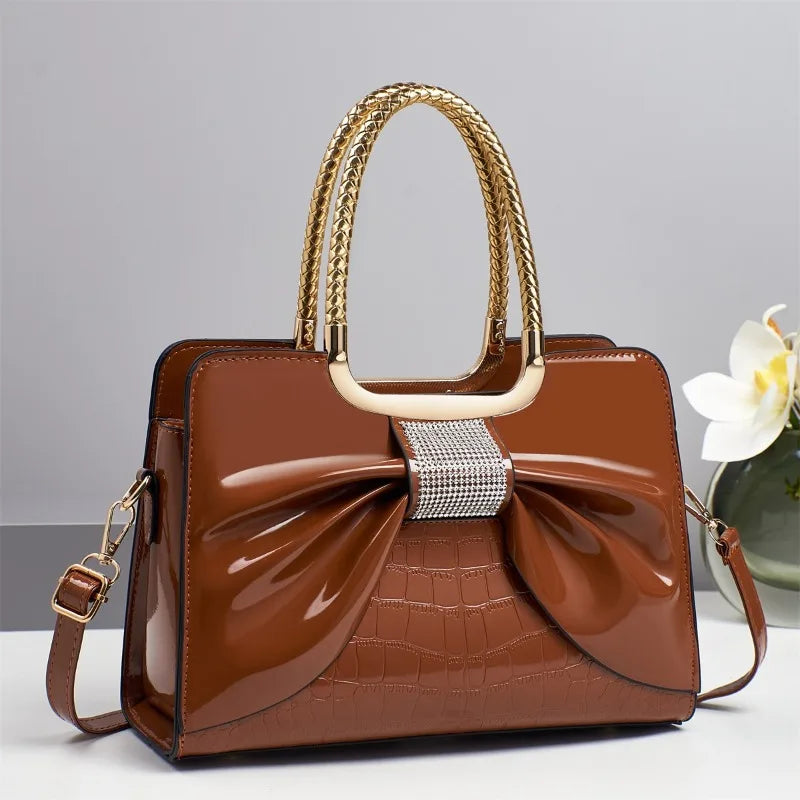 Glossy Leather Diamond Bow Tote