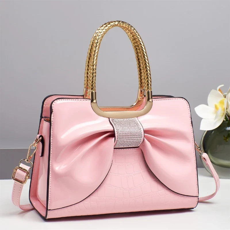 Glossy Leather Diamond Bow Tote