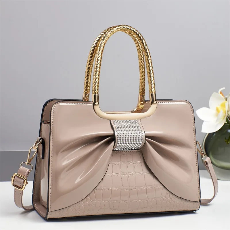 Glossy Leather Diamond Bow Tote