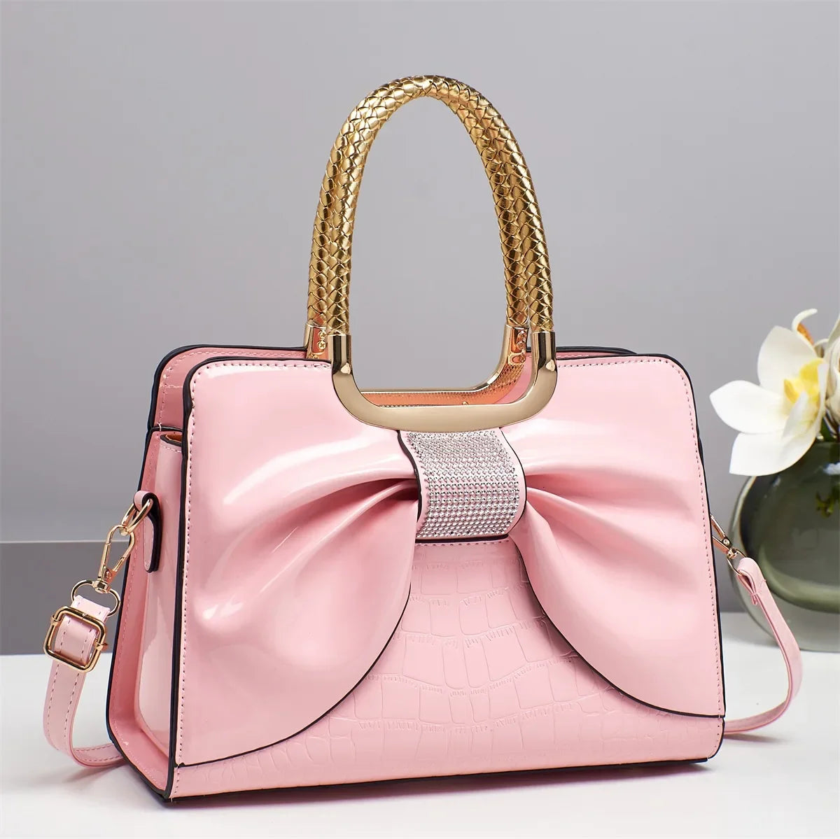 Glossy Leather Diamond Bow Tote